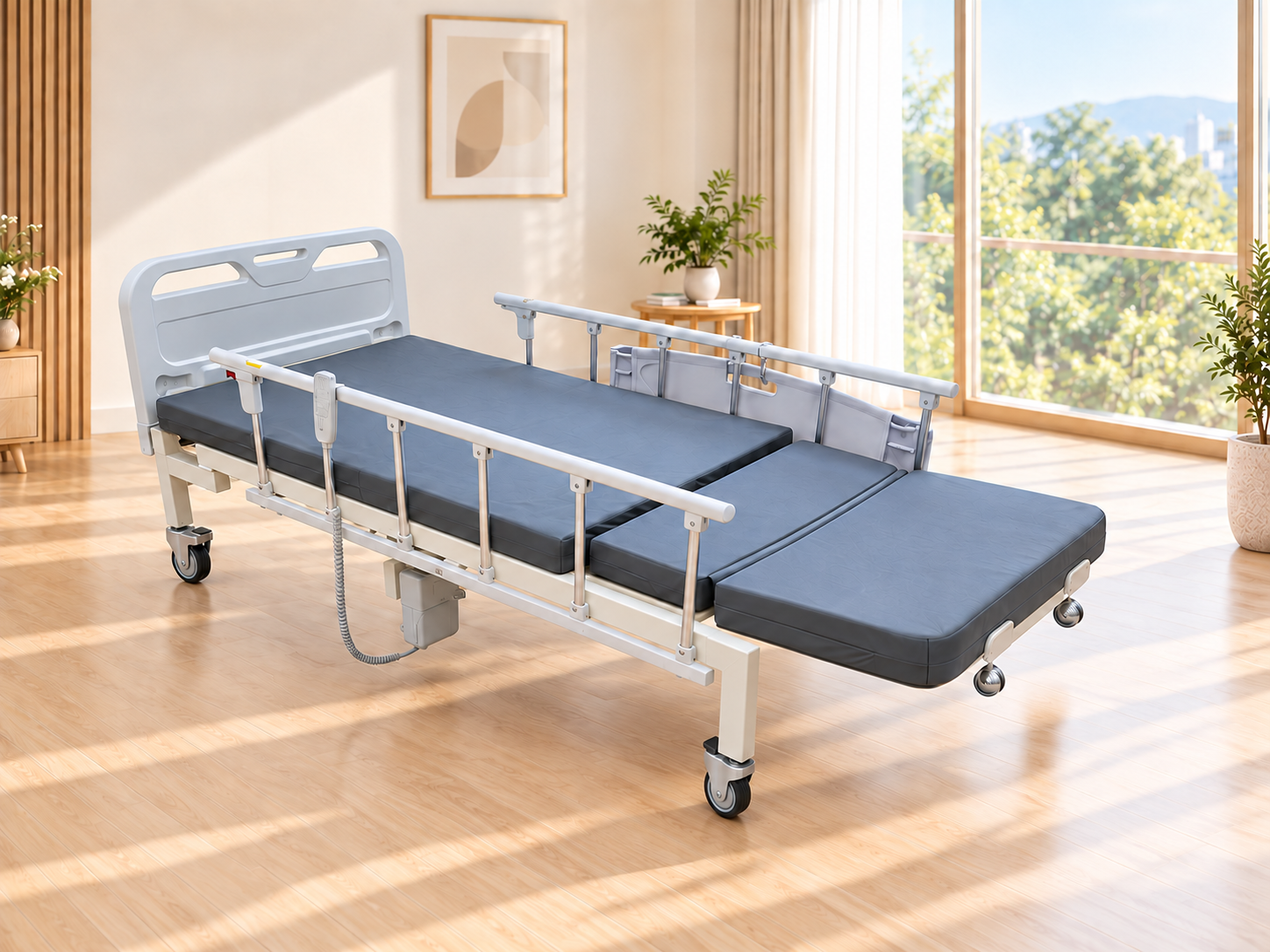 본체 지지 다리와 앞단 작은 보조바퀴가 적용된 욕창예방 ChairBED