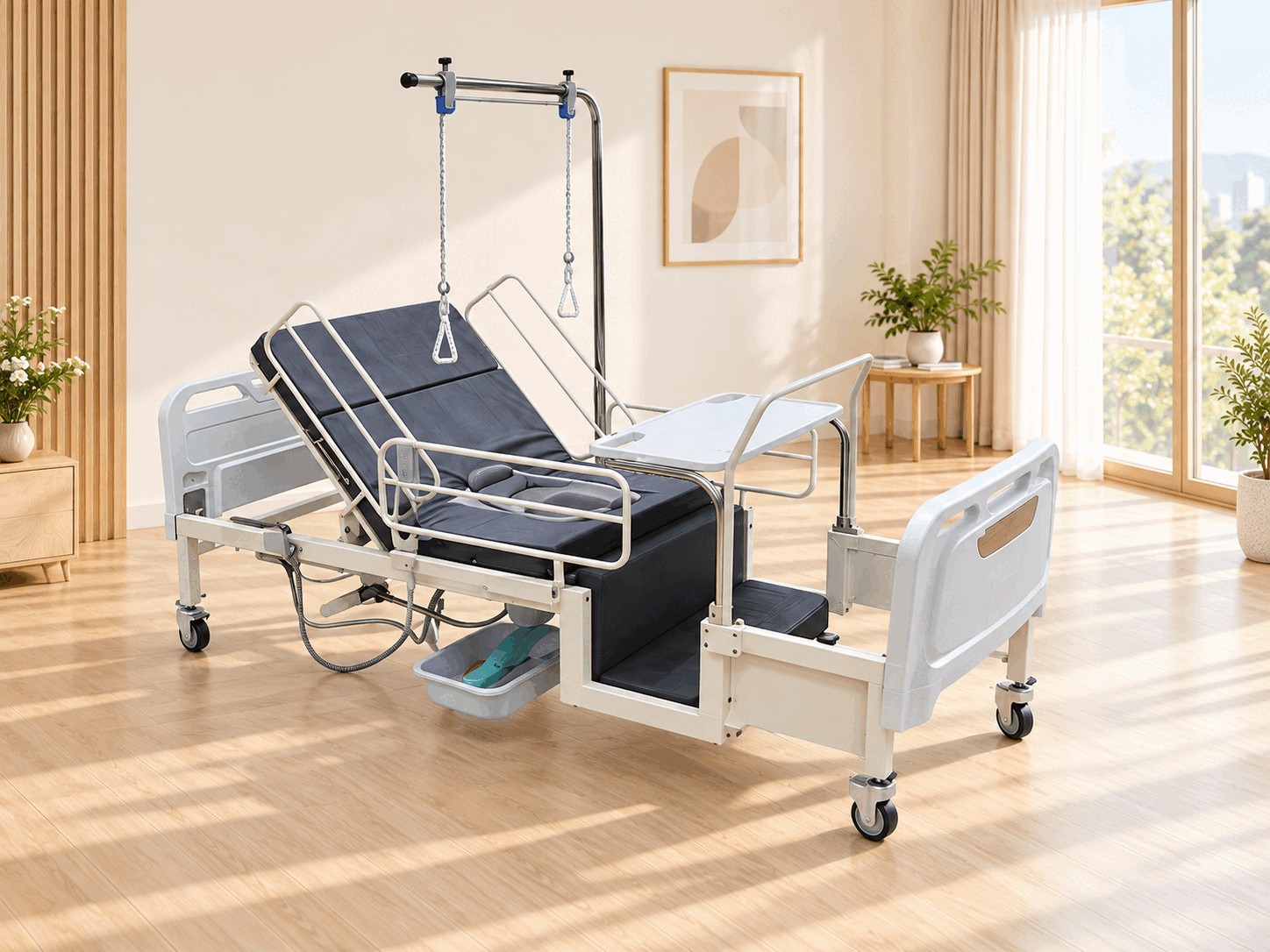 평온한 침대방에 단독 배치된 변기형 재활운동 ChairBED