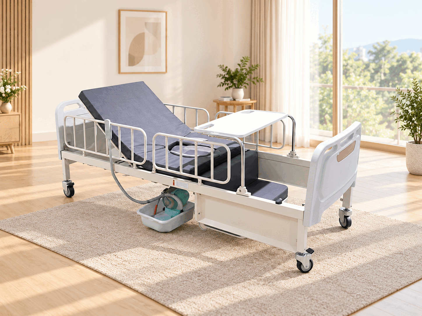 평온한 침대방에 단독 배치된 변기형 복지용구 ChairBED